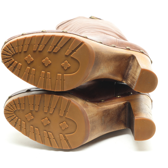 Michael Kors Yolanda Clog Over the Knee Heeled Leather Boots Womenโs 8 Brown - Picture 11 of 15